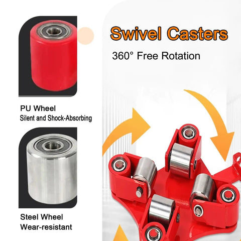Industrial Heavy Duty Furniture Movers With Reinforced Steel Base And Dual Switchable Casters For Smooth 360 Degree Swivel Rolling showing PU and steel wheels.