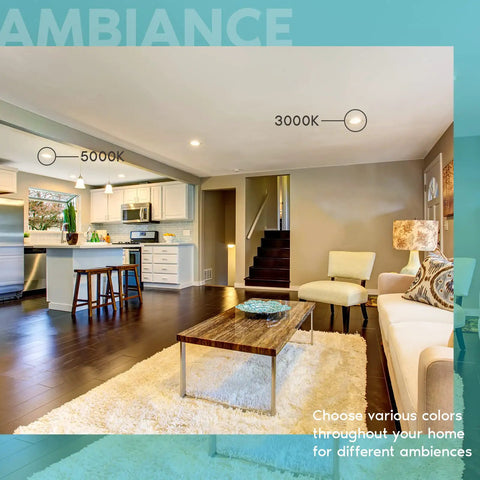 Modern living room and kitchen showcasing Ultra Thin 5 Inch LED Recessed Wafer Light With Junction Box, 3000K to 5000K lighting.