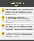 Attention notice about TPMS sensor installation requirements and procedures for preprogrammed TPMS Tire Pressure Monitoring System Sensors 433 Mhz 4 Pack.