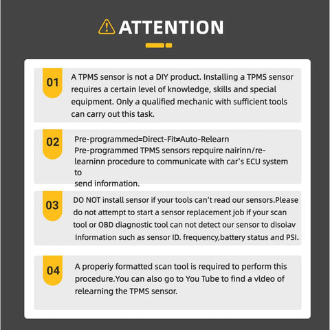 Attention notice about TPMS sensor installation requirements and procedures for preprogrammed TPMS Tire Pressure Monitoring System Sensors 433 Mhz 4 Pack.