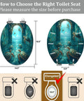 Elongated Resin Toilet Seat for Bathroom dimensions shown with turtles, measures 14.5" x 18.5", ideal for most toilets.