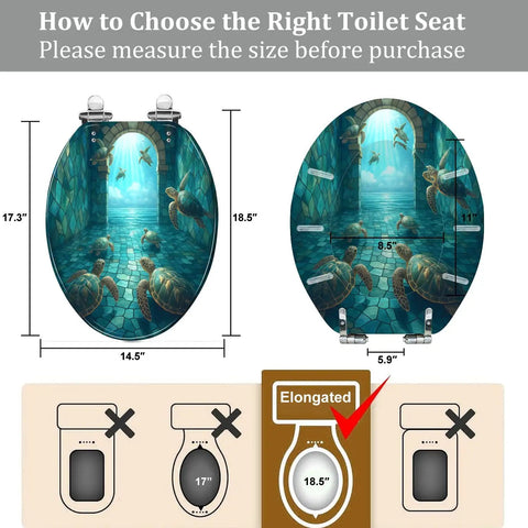 Elongated Resin Toilet Seat for Bathroom dimensions shown with turtles, measures 14.5" x 18.5", ideal for most toilets.