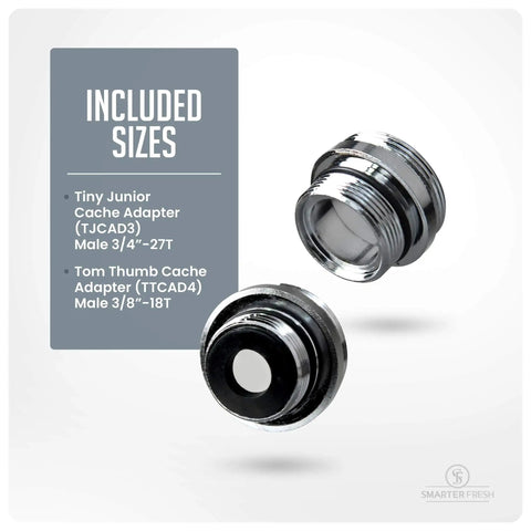 Included sizes of 9 Piece Faucet Adapter Kit For Sinks And RVs With Brass Aerator Adapters, showing two metal adapters.