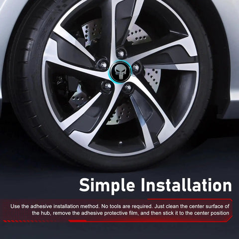 Badass Skull Print Wheel Hub Cap Covers 4 Pack Tough Metal Center Caps on a car wheel showing installation method