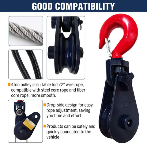 Heavy Duty Beefed Up 2 Ton Snatch Block With Hook For Three Eighth Inch Wire Rope 3 Inch Sheave 4400 Lbs Working Load Snatch Block Pulley For Car Hauler Rollback Wrecker Tow Truck Winch Accessories Two Pack, red hook pulley