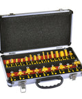 Rock Solid 24 Piece 6.35 Mm Shank Carbide Router Bit Collection With Precision Face Mill And Rugged Aluminum Storage Box, open case with bits.