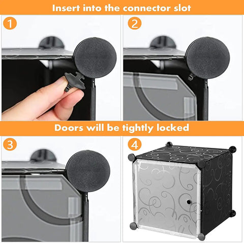Assembly steps showing connector and door locking of Cube Storage Organizer With Doors, 9 Cube Modular Shelves Closet Cabinet.
