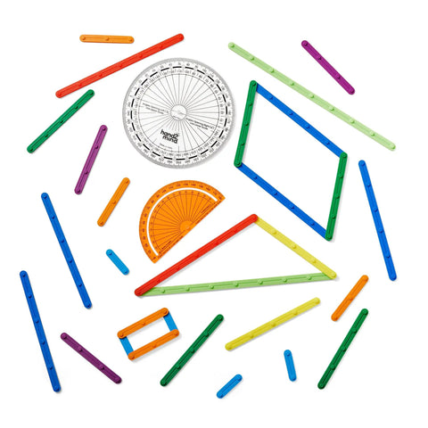 AngLegs Geometry Manipulatives Set With Protractors For Classroom Use, Hands On Angles And Polygons, 8 Adjustable Strips shown.