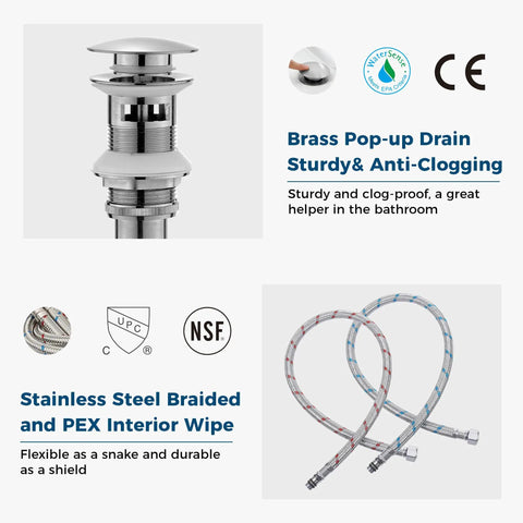 Brass pop-up drain and stainless steel braided hoses, part of Chrome Single Hole Bathroom Faucet With Pop Up Drain All Metal Modern Touch