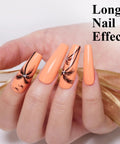 Coral Orange Gel Nail Polish 10ml HEMA Free UV LED Cure Soak Off Long Lasting Summer Formula applied on long nails with art design.