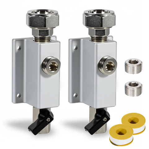 Three Quarter Inch Compressed Air Line Outlet Kit Featuring Two Anodized Aluminum Manifold Blocks Two Brass Valves Two MNPT Straight Fittings And Four NPT Plugs For Shop Or Garage Use Rated Up To Two Hundred PSI