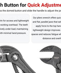 Close-up of two piece pliers set featuring 10 inch angle nose push button adjustable pliers wrench, quick jaw adjustments, domed button and four teeth tongue groove track