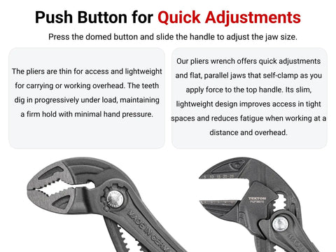 Close-up of two piece pliers set featuring 10 inch angle nose push button adjustable pliers wrench, quick jaw adjustments, domed button and four teeth tongue groove track
