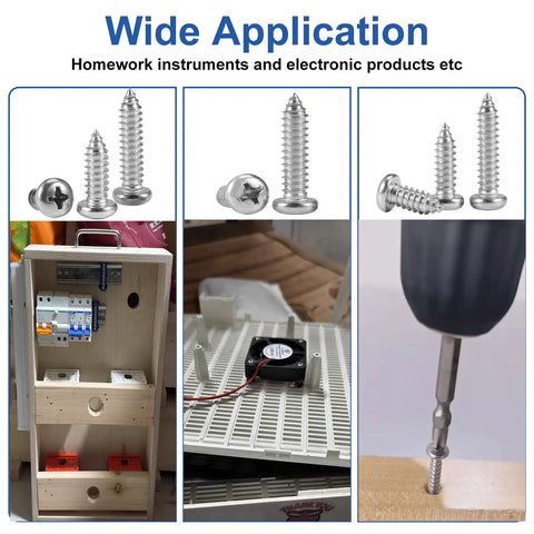 Hella Solid Beater Proof Phillips Pan Head Self Tapping Wood Screw Set 304 Stainless Steel shown in various applications and installation.