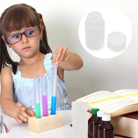 A child working with lab equipment beside a 25Ml PTFE Reagent Bottle Empty Plastic Laboratory Bottle Set With Caps For Powder And Liquid Storage.