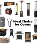 Collage of various portable heaters and outdoor fire pits, showcasing ideal uses for covers and storage solutions.