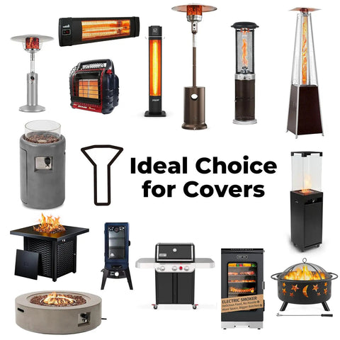 Various heaters suitable for Rugged Heavy Duty Patio Heater Cover For Tower Style Heaters, different styles and designs shown.
