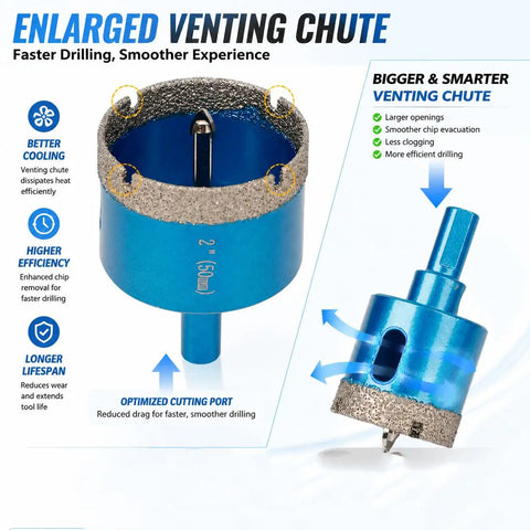 Blue diamond tile hole saw with venting chute, part of Diamond Tile Hole Saw Kit 13 Piece Set With Eight Diamond Hole Saws From 6mm To 50mm.