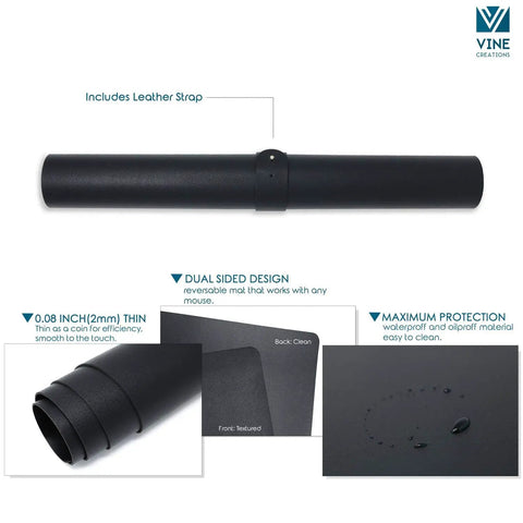 Rolled Go To Premium Leather Desk Pad 36 By 20 Inch Waterproof Reversible PU Leather Mat with strap and close-up details