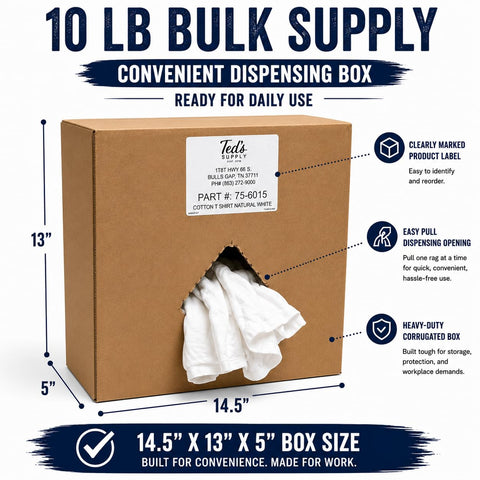 White T Shirt Rags 10 Lb Bulk Box Recycled Knit Cotton Blend Shop Rags for Automotive Maintenance Industrial Cleaning Oil Grease