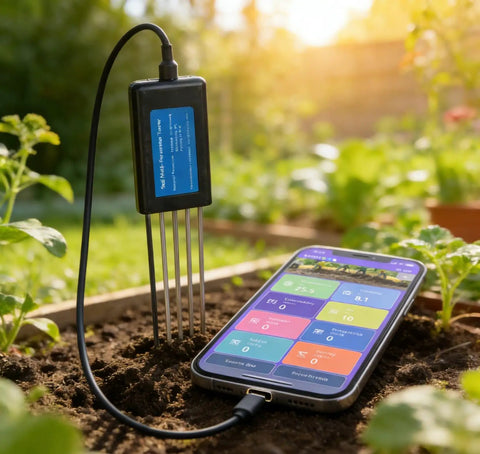 All In One Android Soil Tester With NPK PH Moisture EC Meter, Digital Garden Test Kit in garden soil with smartphone display