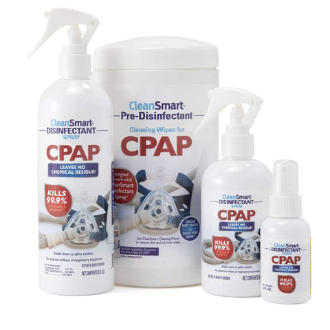 CPAP Disinfectant Spray TSA Travel Size 2 Oz 3 Pack Kills 99.9 Percent Germs On Masks Tubing Reservoirs And Humidifiers No Harsh Chemicals Or Fumes Ozone Free Leaves No Residue For On The Go Use. CleanSmart CPAP disinfectant spray and wipes bottles