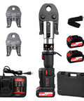 Pro Press Electric Copper Pipe Crimping Tool 18V Brushless Hydraulic Hose Crimper Kit with charger, two batteries, and dies.