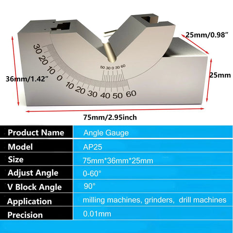 Preamer AP25 adjustable micro angle gauge V-block with protractor scale 0–60°, stainless steel, front view.
