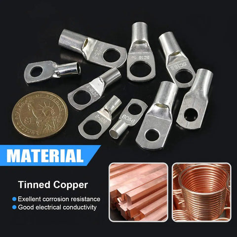 Assortment of 125 Piece Marine Grade Heavy Duty Tinned Copper Wire Lugs Battery Cable Ends Eyelets SC Ring Terminal Connectors.