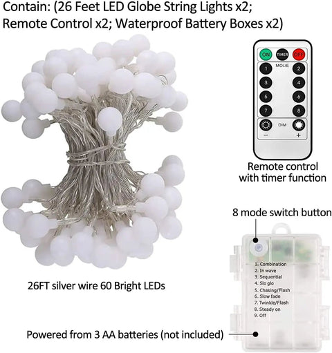 Battery Operated LED Globe String Lights 2 Pack Total 52ft 120 LEDs 26ft Each 60 LEDs Waterproof With Remote Eight Modes