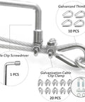 Three Sixteenth Inch Wire Rope Clips Kit With One Hundred Feet PVC Coated Galvanized Steel Cable Featuring Seven By Seven Strand Core, Heavy Duty Rope Clamps And Thimbles For Hanging String Lights, Deck Rails, Shade Sails, Clothesline Setup showing cable, clamps, and thimbles