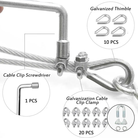 Three Sixteenth Inch Wire Rope Clips Kit With One Hundred Feet PVC Coated Galvanized Steel Cable Featuring Seven By Seven Strand Core, Heavy Duty Rope Clamps And Thimbles For Hanging String Lights, Deck Rails, Shade Sails, Clothesline Setup showing cable, clamps, and thimbles