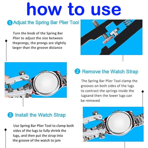 Watch Spring Bar Pliers Tool With Hardened Steel 10 Tip Pins usage instructions for watch band replacement and precise pin removal.
