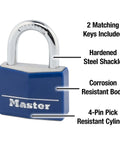 Blue Vinyl Covered Aluminum Keyed Padlock for Indoor Outdoor Use with Hardened Steel Shackle and Four Pin Cylinder