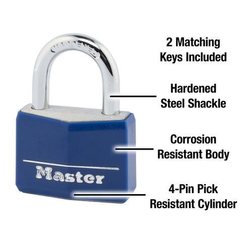 Blue Vinyl Covered Aluminum Keyed Padlock for Indoor Outdoor Use with Hardened Steel Shackle and Four Pin Cylinder