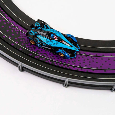 Infinity HO Slot Racing Set With Upgraded Controllers, Realistic Handling And Tune Up Kit, blue slot car on curved track