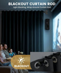 Family watching movie in living room with Heavy Duty Black Wrap Around Curtain Rod Set, Adjustable 66 To 120 Inch, blackout room