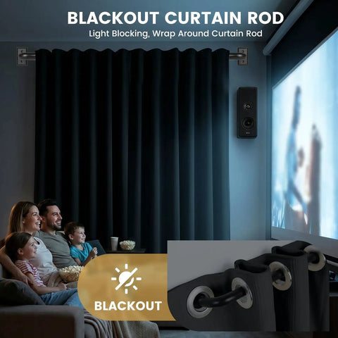 Family watching movie in living room with Heavy Duty Black Wrap Around Curtain Rod Set, Adjustable 66 To 120 Inch, blackout room