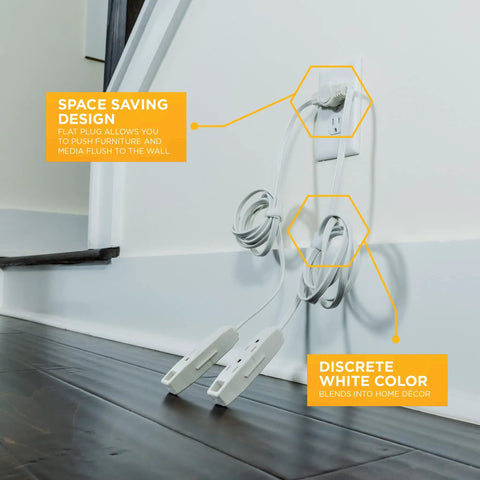 Flat Plug Sofa Power Cord With Six Outlets Total, Two Six Foot Cords, 16 Gauge Grounded Three Prong Plug, White Cable That Blends With Wall, Space Saving For Couches And Media Setups