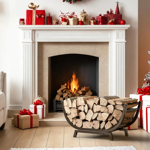 Heavy Duty Firewood Rack 25 Inch For Indoor And Outdoor Use Metal Firewood Holder with logs by a fireplace