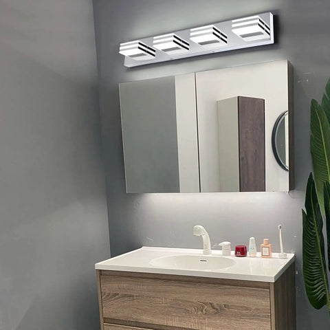 Four Light Chrome Bathroom Vanity Light Over Vanity 27 Inch LED Bath Bar Fixture 24W 6000K Daylight shown above mirror