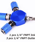 3 Way Air Splitter Manifold with Industrial Couplers and Plugs for Air Compressor Hose, blue aluminum body with three outlets