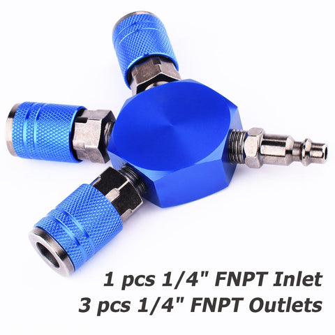 3 Way Air Splitter Manifold with Industrial Couplers and Plugs for Air Compressor Hose, blue aluminum body with three outlets