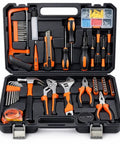 160 Piece Home And Car Tool Set With Tool Box Your Go To DIY Hand Tool Kit For Everyday Home Repairs And Car Fixes Built Tough For Men Ready For Any Quick Fix From The Garage To The Apartment displayed with tools such as hammer, screwdrivers, and pliers in a black toolbox.