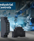 Ultra Slim Step Shape DIN Rail Power Supply 5V 2.4A 12W Switching Module with industrial robotic arm background and control interface.