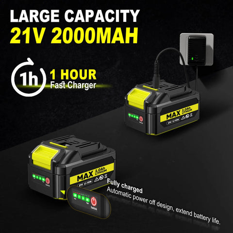 Rock Solid Heavy Duty 21V Cordless Brad Nailer With Two 2.0Ah Batteries And 1000 Fasteners, charging station with two 2000mAh batteries.