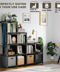 12-Cube Metal Book Shelf Storage Organizer DIY Bookcase Tall Black Shelving Unit in a cozy living room setup with decor and plants.