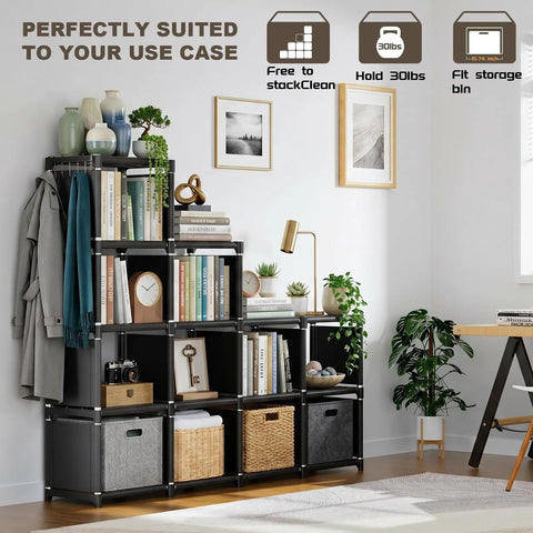 12-Cube Metal Book Shelf Storage Organizer DIY Bookcase Tall Black Shelving Unit in a cozy living room setup with decor and plants.