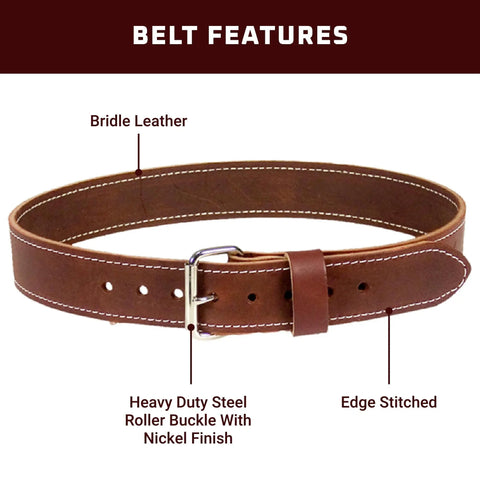 2 Inch Bridle Leather Work Belt For Heavy Duty Jobs Ox Red Finish Edge Stitched Tough As Nails Built To Last Heavy Duty Steel Roller Buckle X Large Made In USA showing belt features