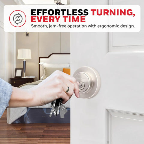 Single Cylinder Satin Nickel Deadbolt With ANSI Grade 3 Certified Security Anti Pick Anti Bump Technology Adjustable Latch Easy Do It Yourself Installation Durable Heavy Duty Lock SmartKey Rekeying Ready installed on door